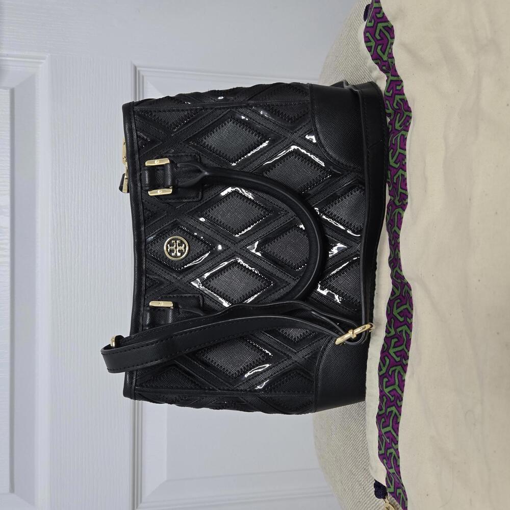 Tory Burch Purse Black Patent Robinson Patchwork Mini Square Tote Crossbody Bag